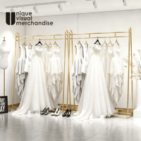 Support de présentation de vêtements de mariage en or personnalisé pour femme, support de cintre en métal, meuble pour boutique de mariage