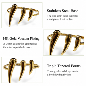 Triple Drop <b>Open</b> Stainless Steel <b>Ring</b> with 14K Gold Vacuum Plating Sculptural Adjustable Statement Band - Product Image 3