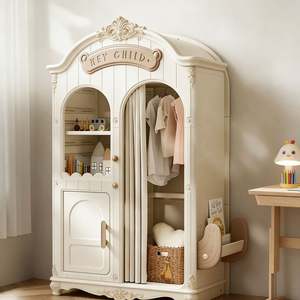 Balom French Country Style White Solid Wood Kids Wardrobe With Carved Top Arched Lines <b>Glass</b> Display and Open Hanging Design - Product Image 5