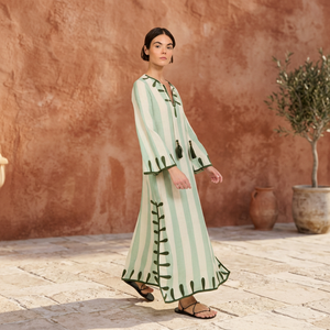 <b>Boho</b> V-Neck Maxi <b>Dress</b> With Striped Pattern Lantern Sleeve Loose Fit Hand Embroidery Tassel <b>Summer</b> Casual <b>Dress</b> - Product Image 3