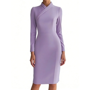 Robes longues crayon ajustées à manches longues de couleur unie pour femmes, tendance - Product Image 5