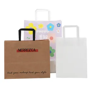 Bolsa de papel personalizada, embalaje de compras marrón, bolsa de papel Kraft con asa plana para ropa, zapatos, comestibles