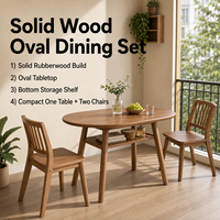Ensemble de table à manger ovale en bois massif naturel, écologique, en bois de caoutchouc, 3 pièces, étagère de rangement, pieds inclinés, assemblé