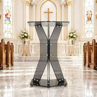Atril de Cristal Moderno en Forma de X, Color Gris Ahumado, para Iglesia, Púlpito, Podio Profesional para Presentaciones con Poste Cromado