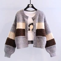 Cardigan rose à col rond pour femme, anti-rides, design color block, pull décontracté en maille, manches lanternes, boutonné – Stock disponible