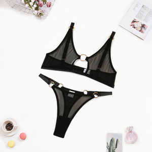 Vendita calda da donna Sexy Lingerie tinta unita vedo attraverso la maglia biancheria intima reggiseno trasparente con mutandine da donna 2 pezzi - Product Image 5