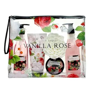 Kustom Grosir Shower Gel Rose Floral Desain Body Wash Tas Travel Pvc Hadiah Mandi Set untuk Wanita