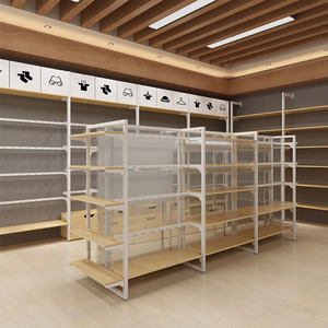 MINISO Estantes minoristas ecológicos de doble cara Estantes de exhibición de madera y metálicos Góndola multiusos para tienda de comestibles - Product Image 1