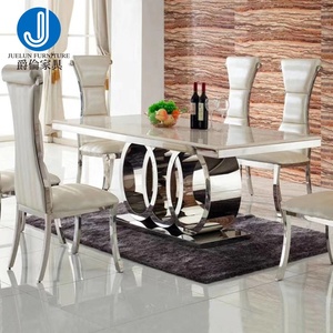 Mesa de comedor de acero inoxidable, moderna, de lujo, con mármol blanco y plateado - Product Image 5