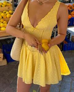 Vestido de Playa Chic, Vestido Corto con Cuello en V de Encaje, Vestido Mini Sexy sin Espalda, Bordado Calado <span class=keywords><strong>Amarillo</strong></span> - Product Image 2
