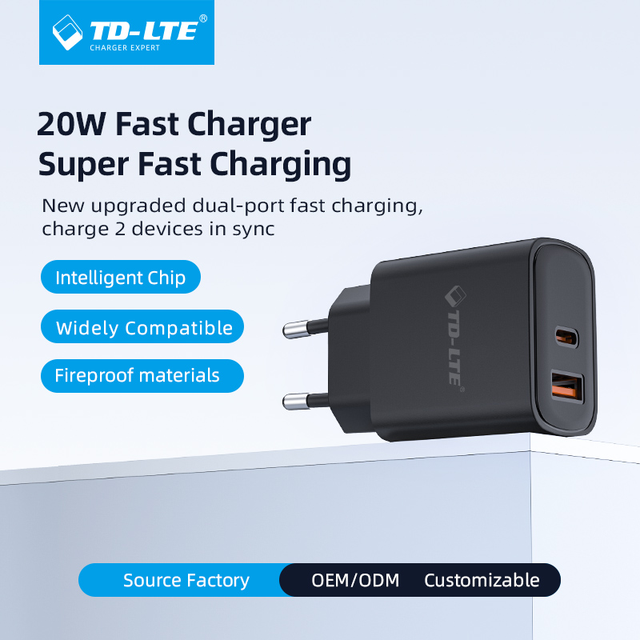 20W USB-C Fast Charger PD QC3.0 Dual Port USB-A+C EU Plug Laptop Compatible OTP/OVP Protection