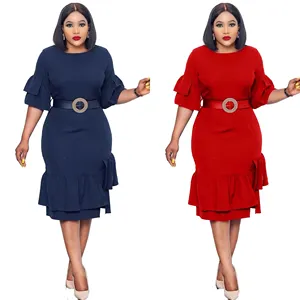 D3043M 2021 New African Solid Color Half Sleeve Office Dress Ladies Plus Size Career Dresses