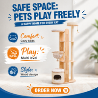 Arbre à chat compact multi-niveaux en bois massif, modèle pour la maison, idéal pour petits appartements, tout-en-un avec grand lit et poteau d'escalade pour chats