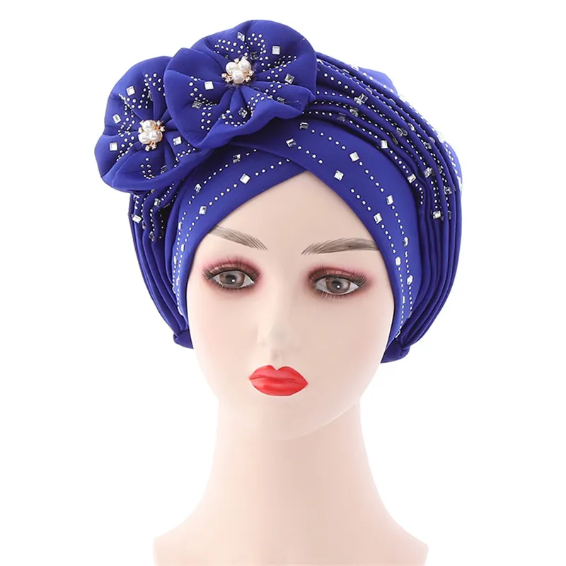 قبعة حجاب على شكل زهرة أفريقية من حجر الراين قبعة حجاب بغطاء رأس عمامة هندية للنساء