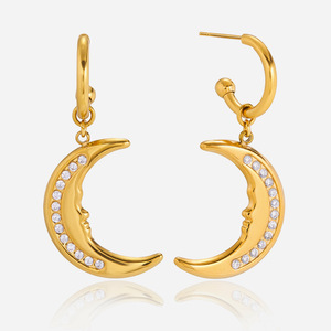 <b>Moon</b> Drop <b>Earrings</b> 18K Gold Plated Stainless Steel White Rhinestone Channel Setting Fashion Jewelry - Product Image 1