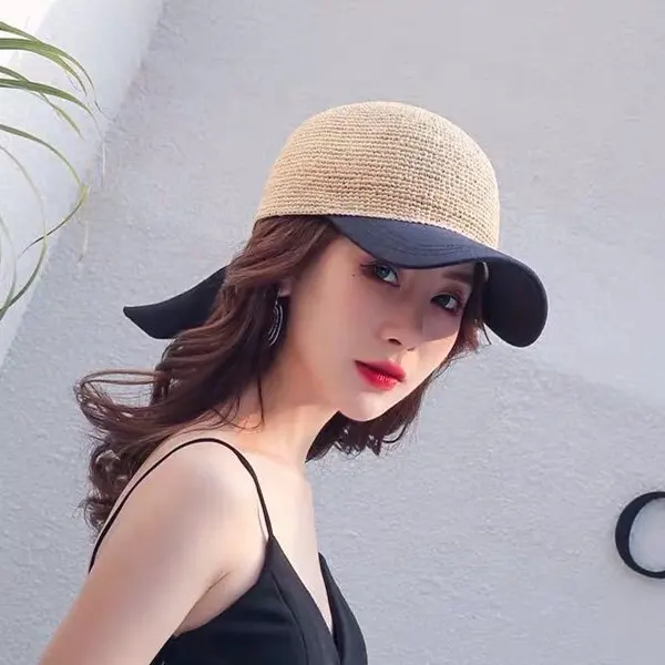 Custom Two Material Female Lady Sun Visor Baseball Cap Crocheted Raffia Straw Hat with Cotton Long Bowknot