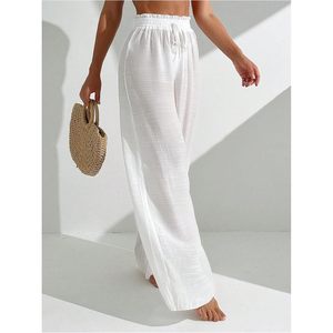 Women's Cover Up Beach Pants <b>Sheer</b> Mesh Drawstring Wide Leg High Waist <b>Bikini</b> Swimsuit Coverups Elastic Waist Loose Fit - Product Image 2