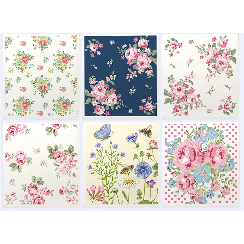 Hermosos paños de cocina suecos de flores para cocina, paños reutilizables para lavar platos, limpieza absorbente de secado rápido sueco