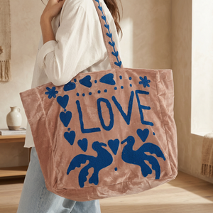 Wholesale Custom Handmade Blue Velvet Tote <b>Bag</b> Featuring Gold Yellow LOVE and PEACE Lettering Doves <b>Hearts</b> and Floral Applique - Product Image 3