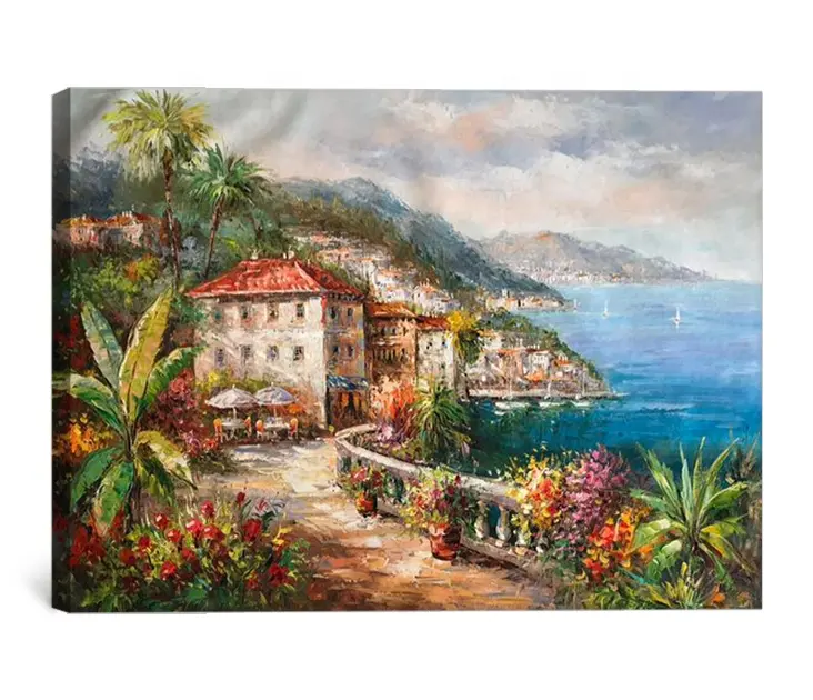 لوحة زيتية يدوية عالية الجودة, لوحة زيتية مصنوعة يدويًا عالية الجودة على لوحة قماشية لمنظر طبيعي قرية البحر الأبيض المتوسط