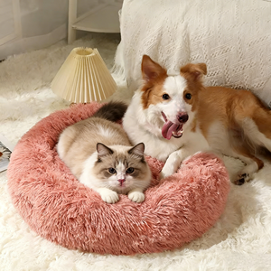 Cama Redonda de Felpa Suave y Lujosa para Mascotas, Color Rosa, Gris y Blanco, para Perros y Gatos, Venta al Por Mayor - Product Image 1