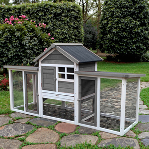 SDR031-gris – Grand enclos à poules en bois élégant avec couloir coulissant horizontal pour lapins, poules, hamsters et furets - Product Image 1