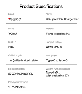 Cargador Rápido Yesido PD de <span class=keywords><strong>20W</strong></span> con Puerto USB-C, Resistente al Fuego, Estándar Estadounidense, con Cable C-C de 1M, YC18U - Product Image 5