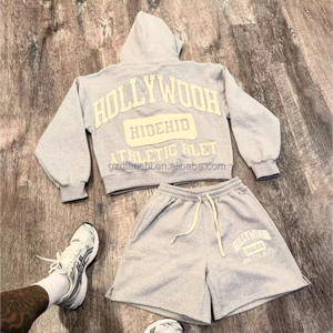 Conjuntos Deportivos Unisex Personalizados de Algodón, Conjunto de 2 Piezas con Shorts Tipo <span class=keywords><strong>Jogger</strong></span>, Rompevientos Holgado de Retazos para Hombre, Conjunto de Sudadera con Capucha y Shorts - Product Image 3