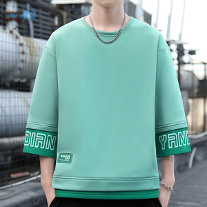 Long-sleeved T-shirt ruffian wind-blown street jacket Spring and Autumn round <b>neck</b> men Korean fashion round <b>neck</b> cropped sleeves - Product Image 4