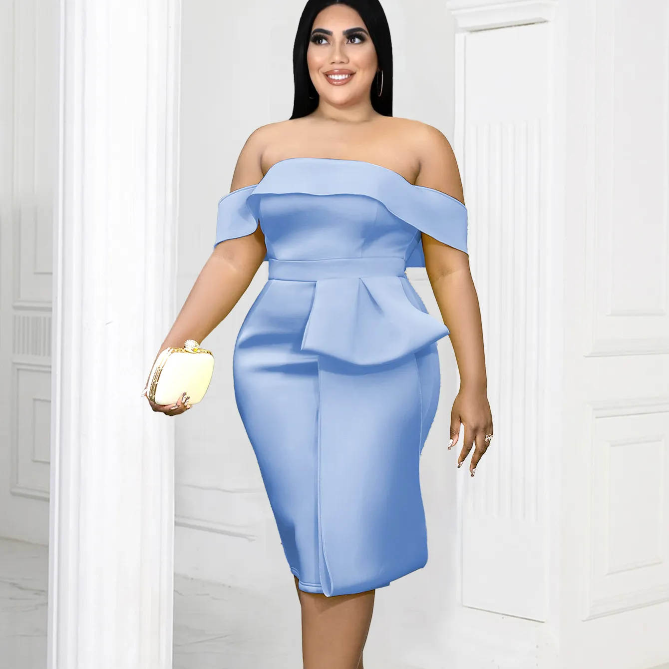 Boutique New Sexy Blue Off Shoulder Knee Length Women Cocktail Dress