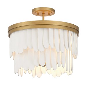 Plafonnier semi-suspendu moderne de luxe en laiton et pétales blancs superposés |   Éclairage opulent pour hall d'hôtel et zones haut de gamme - Product Image 1