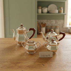 ชุดน้ำชาและกาแฟสไตล์อาร์ตเดโคโบราณ ชุบเงิน พร้อมด้ามจับไม้ กาน้ำชา หม้อใส่น้ำตาล โถใส่ครีม ชุดน้ำชาชุบเงินโบราณ - Product Image 2