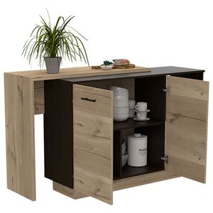 Chariot d'îlot de cuisine avec 1 tiroir et 2 étagères, design moderne en wengue noir et chêne clair - Product Image 5