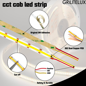COB LED Strip Tunable White Dotless Output 608LEDs/m Ra90 8mm PCB Short Cut for TV Backlight - Product Image 3