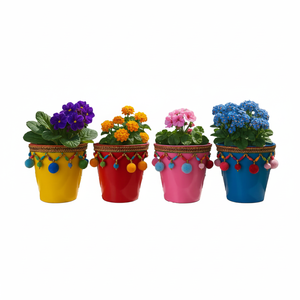 NF Lauren Customized Color Pom Flower Pot Private Label Decorative <b>Plastic</b> Garden <b>Planter</b> Boho Style Hand Decorated Plant - Product Image 2