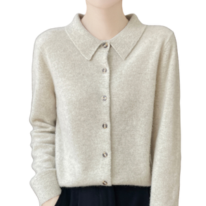 100% Pure Wool <b>Women's</b> Vintage Solid <b>Cardigan</b> Turn-Down Collar Long Sleeve Autumn New Loose Fit Slimming Knit <b>Button</b> - Product Image 1