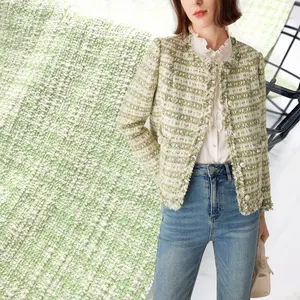 Polyester Cotton Spandex Weft Knitted Fancy Green Solid Color Luxury Jacquard Tweed Suiting Fabric For Coat