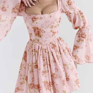 Custom Clothing Factory English Vintage Rose Print Puff Sleeve Mini <strong>Dress</strong> Oem Romance Women <strong>Dress</strong> - Product Image 3