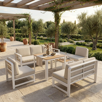 Ensemble de canapés d'extérieur modernes en aluminium 7 pièces avec canapé 3 places, causeuse, 2 chaises et tables hautes et basses pour la salle à manger et les espaces publics