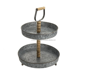 Support de service à deux niveaux en fer galvanisé serveur de gâteau avec poignée en bois facile à manipuler pour la décoration de la maison et le dessus de table - Product Image 1