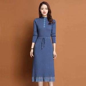 Huachao moda señoras vestido Casual Slim Fit mujeres suéter <span class=keywords><strong>de</strong></span> <span class=keywords><strong>punto</strong></span> sobre la rodilla <span class=keywords><strong>de</strong></span> <span class=keywords><strong>punto</strong></span> medio cuello vestido encaje suéter vestido para dama - Product Image 5