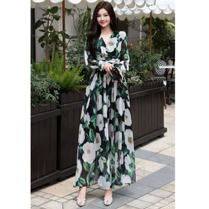 AELESEEN 2025 Robe élégante d'été en mousseline de soie de haute qualité pour femmes Vert à manches longues Feuilles blanches Fleur imprimée sicilienne Fête de plage - Product Image 1