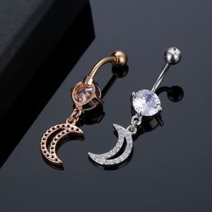 Fashion Gold Plated <b>Brass</b> Zircon Belly Button Ring with Hollow Long Crystal Moon Design for Wedding - Product Image 3