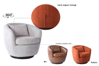 Fauteuil pivotant contemporain en tissu gris avec dossier haut et coussin pour salon, coin lecture