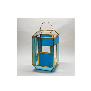 geometric bronze and glass lanterns long-stemmed blue green stained glass and metal lantern candle holder votive candle holders