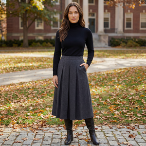 Falda Midi Plisada de Cintura Alta para Mujer, Estilo Casual Otoño/Invierno, Color Gris Carbón, Tela de Mezcla de Lana con Bolsillos Laterales, Antiarrugas - Product Image 1