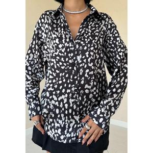 Camisa de Satén con Estampado de Leopardo Negro para Mujer, Blusa Casual con Botones para Uso Diario - Product Image 2