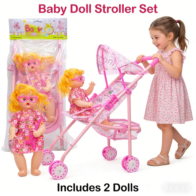 Educational Baby Doll Stroller Model Toy Children's Iron Stroller with Bottle-Blowing Girl Doll Car Toy