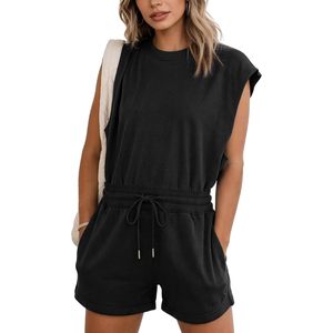 Combinaison décontractée en tricot pour femme, sans manches, taille haute, avec cordon de serrage, respirante, pour la vie quotidienne, tenue printemps-été avec poche - Product Image 1