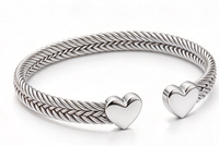 Demandez le catalogue : Bracelet jonc ouvert en maille argentée en acier inoxydable étanche avec motif d'ours et cœur pour femme, bijoux